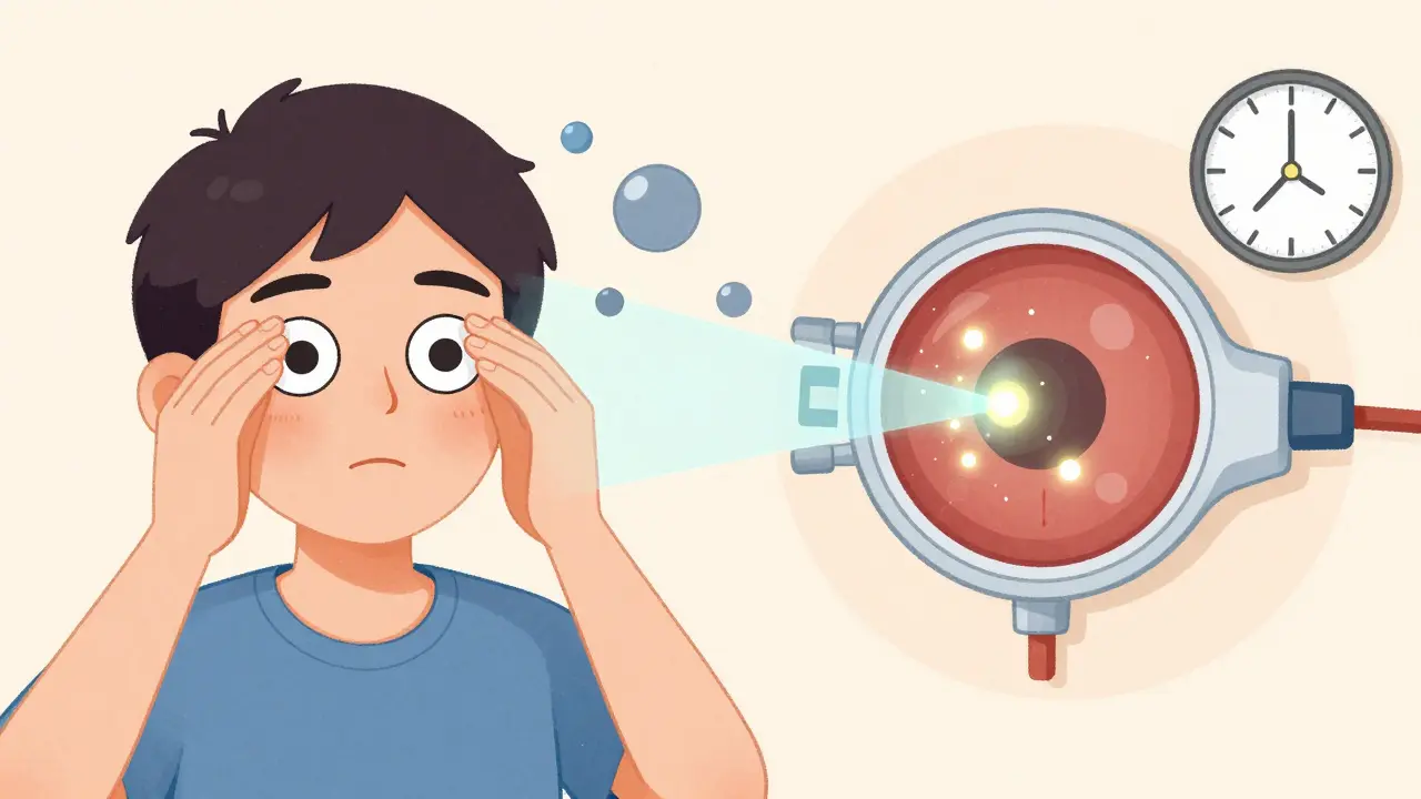 Split scene: eye movements shifting floaters and laser breaking one apart, symbolizing non-surgical management options.