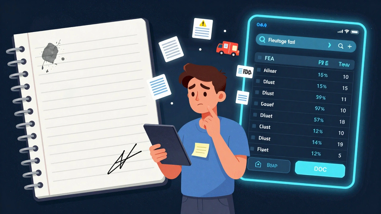 Split scene: messy paper logs vs. clean digital records, worker choosing between them.