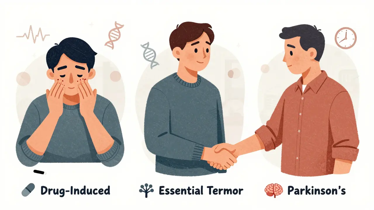 Three stylized figures showing different types of tremors side by side