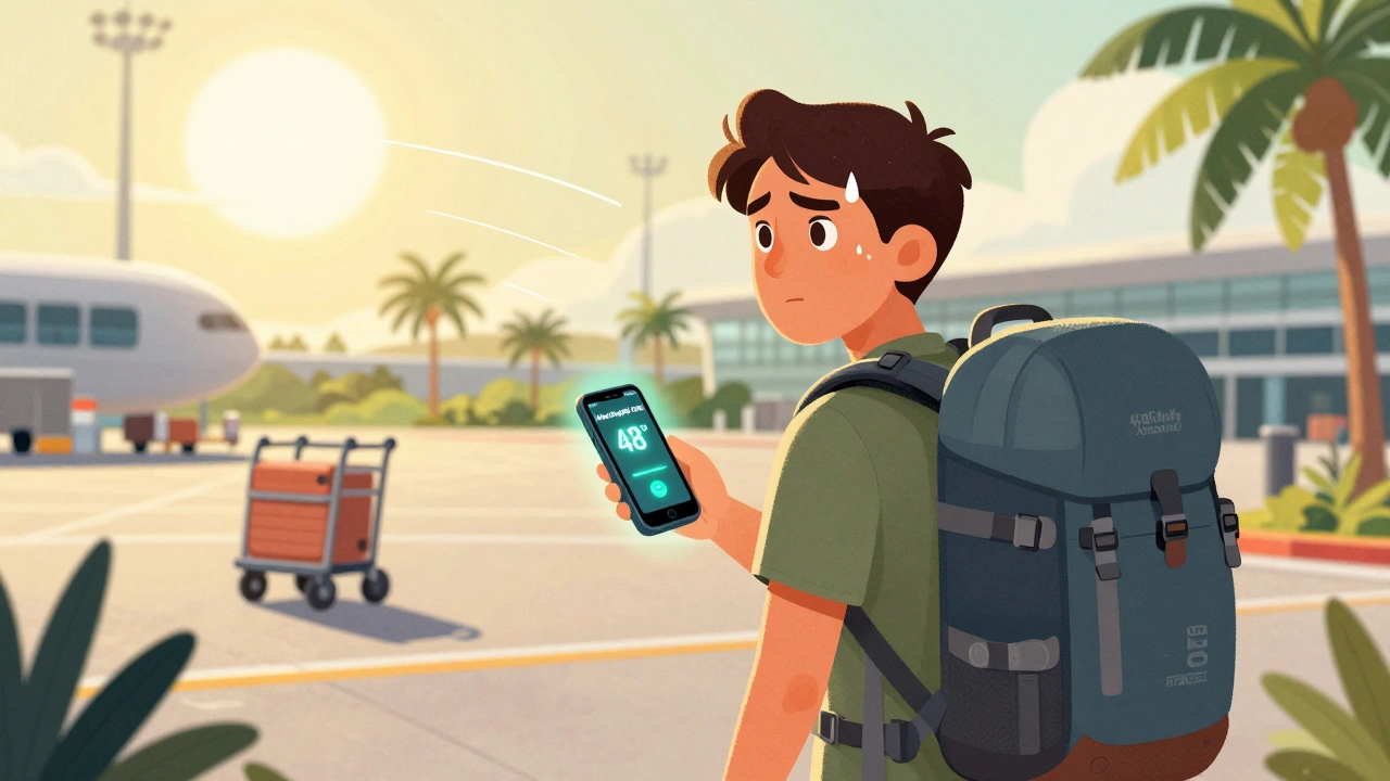 Traveler in tropical heat with smart cooler and phone alert, backpacking through busy airport.