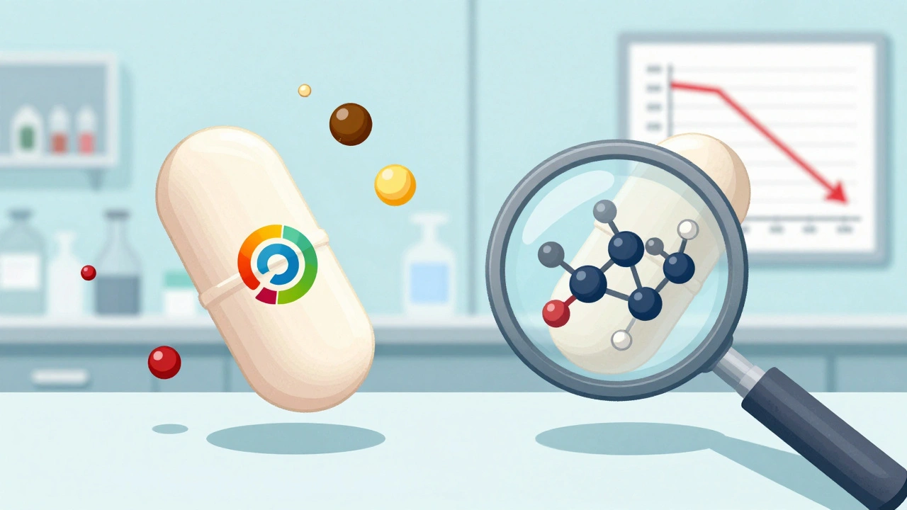 Two identical pills side by side, one with brand logo, one unlabeled, with inactive ingredients floating away from the generic version.