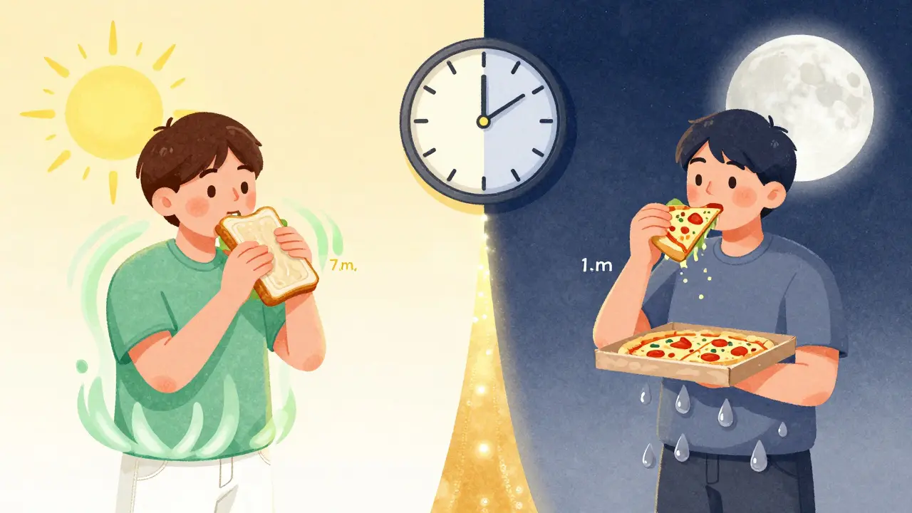 Two timelines: healthy daytime eating vs. late-night eating, with a golden 10-hour window in between.