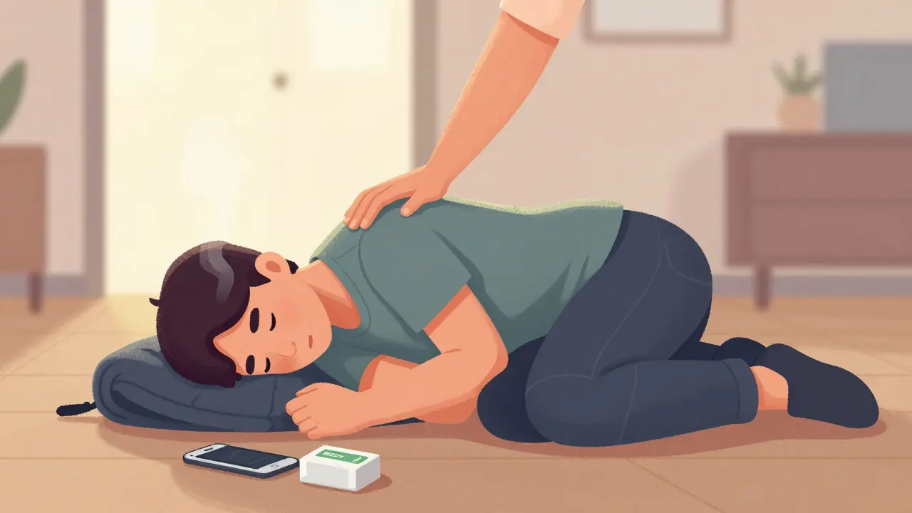 Unresponsive person safely placed in recovery position on their side, head tilted back.