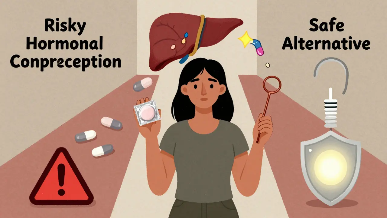 Woman choosing between ineffective birth control pills and a safe copper IUD, with enzyme sparks dissolving the pills.