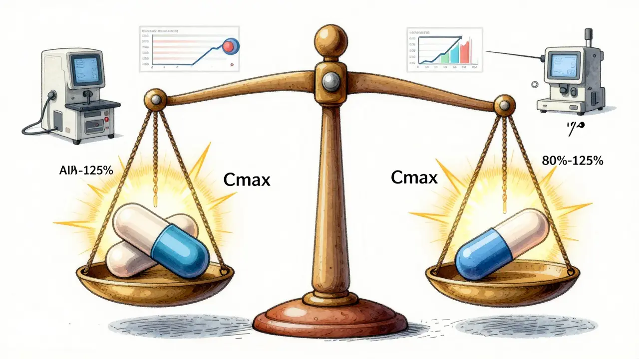 A balanced scale comparing brand and generic pills with glowing Cmax and AUC curves within regulatory limits.