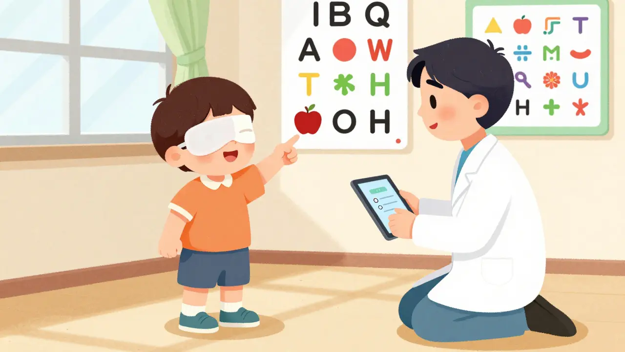 A child pointing at symbols during a vision test, one eye covered, with playful charts in the background.