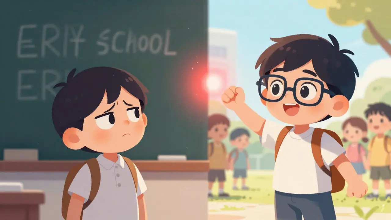 A child struggling to see the board vs. the same child thriving with glasses and friends after early screening.