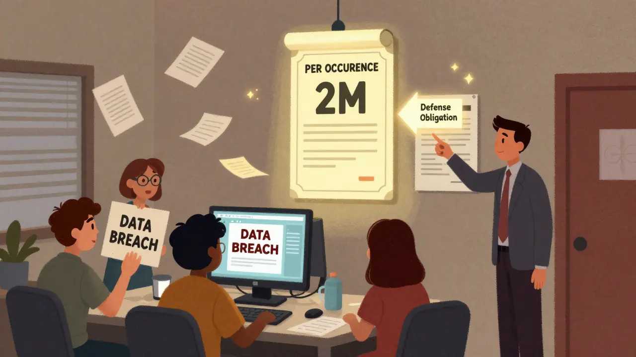 A clinic in disarray from a data breach, with an insurance certificate glowing as a symbol of protection.