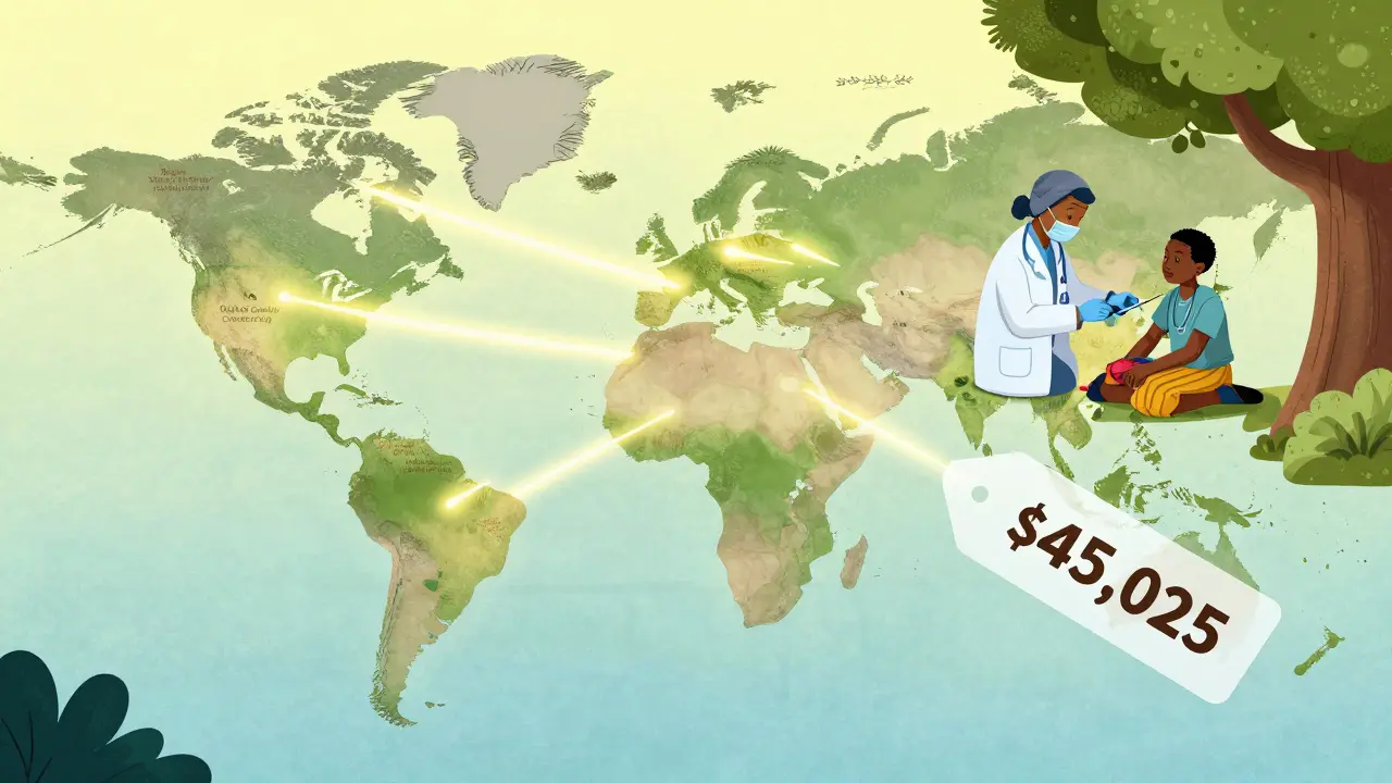 A global health map showing equitable HIV treatment access through community health workers in rural areas.