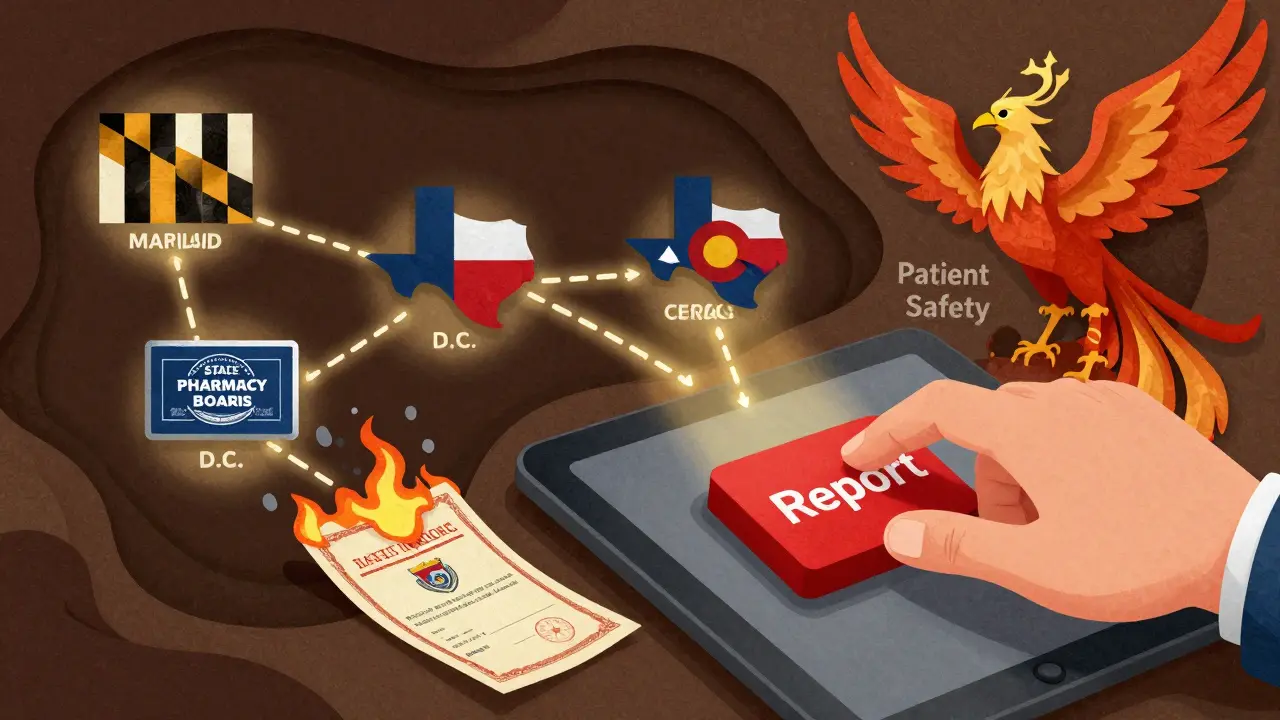 A hand reports a fake license as state pharmacy boards connect and a safety symbol rises from ashes.