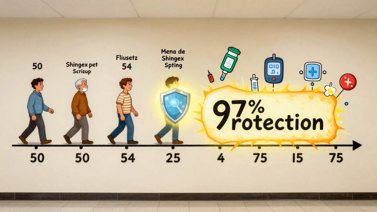 A timeline mural showing a person protected by the Shingrix vaccine from age 50 to 75, with medical symbols and a glowing shield of protection.