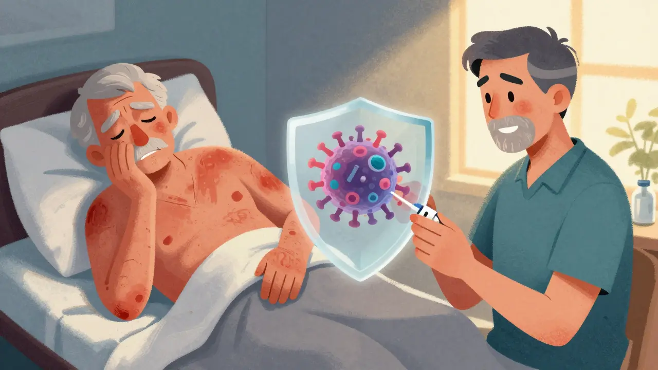 An elderly man suffering from shingles pain next to a healthy man getting vaccinated, with a visual representation of the virus being blocked by a shield.