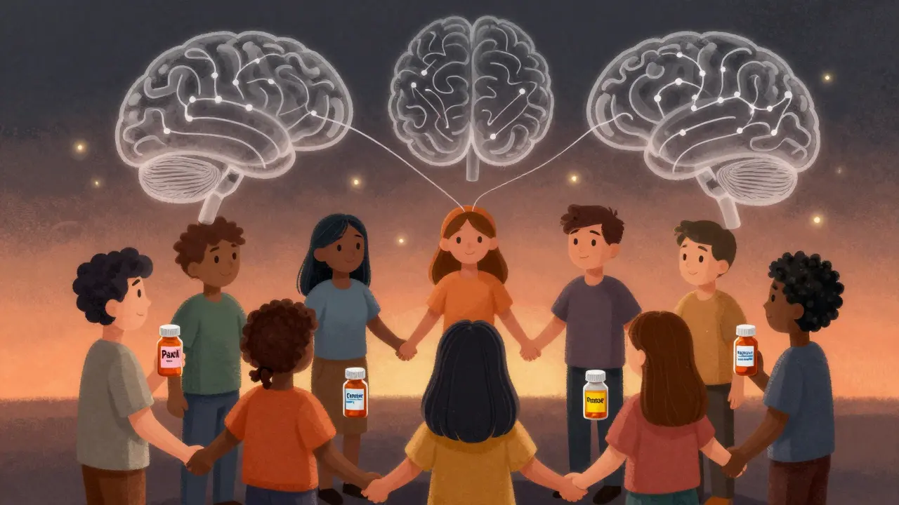 Diverse group holding hands with transparent brains showing serotonin pathways reweaving like threads.