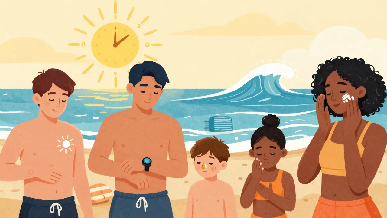 Diverse group reapplying sunscreen at beach with wearable alert device and tinted mineral formula.