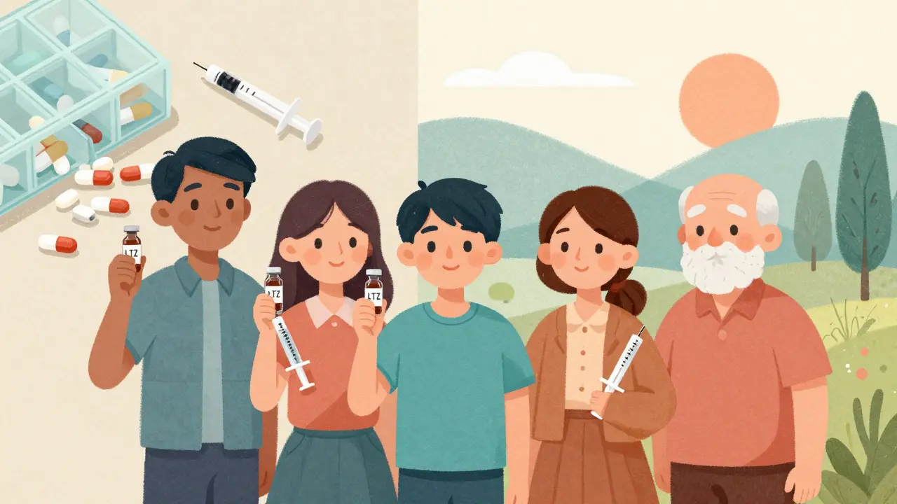 Diverse individuals holding long-acting HIV treatments, contrasting old pill routines with a peaceful future.