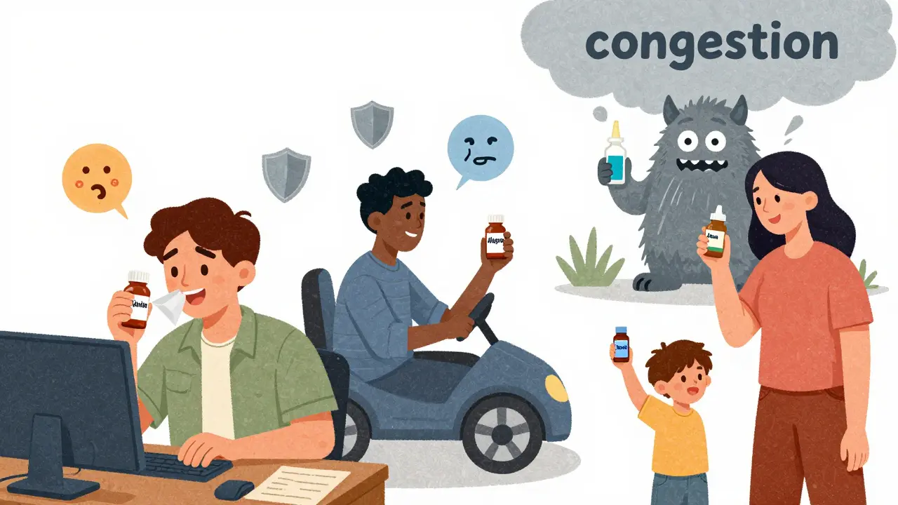 Diverse people living active lives with antihistamines, blocking allergy symptoms while congestion remains a distant challenge.