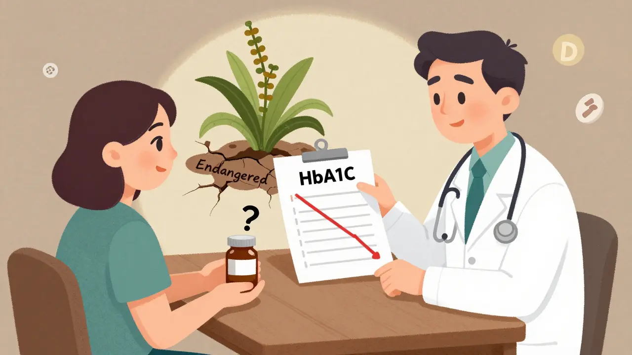 Doctor and patient discussing goldenseal, with endangered plant and fluctuating glucose chart in background.