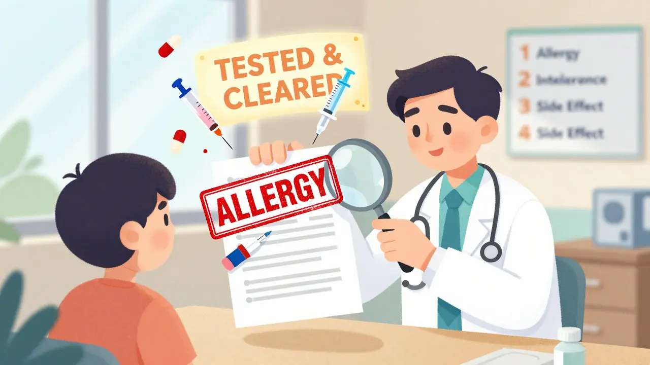 Doctor erasing an 'Allergy' stamp from a chart while 'Tested &amp; Cleared' banner glows behind.