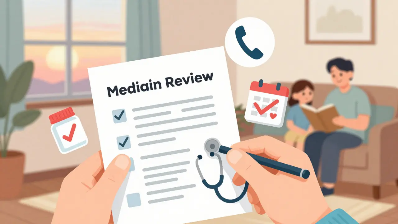 Hand holding medication review summary with icons for follow-up, pharmacy, and family support in a cozy home setting.