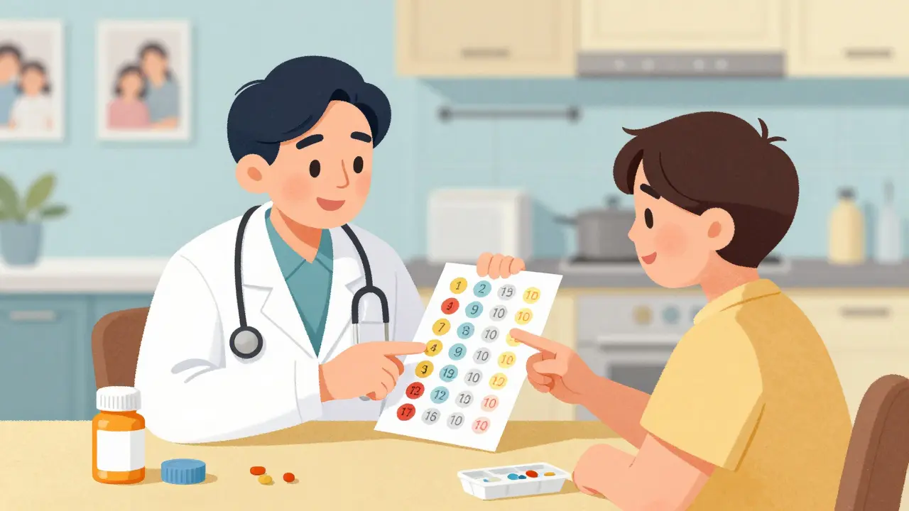 Healthcare provider and patient reviewing a sticker chart together at a kitchen table.