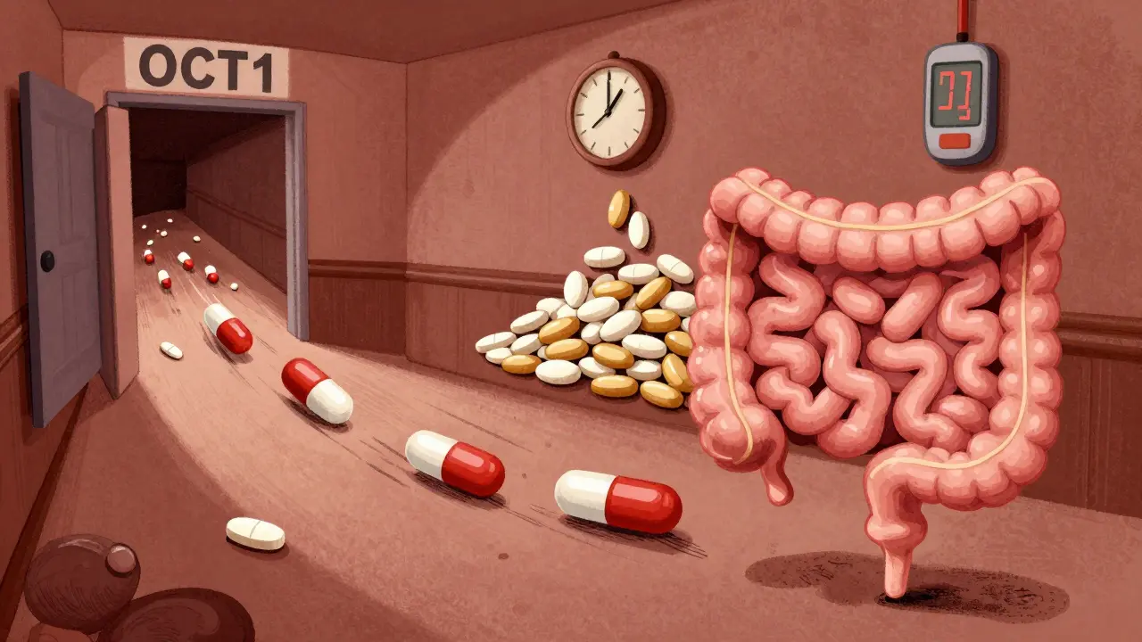 Intestine hallway with metformin and berberine competing for absorption through OCT1 doorway.