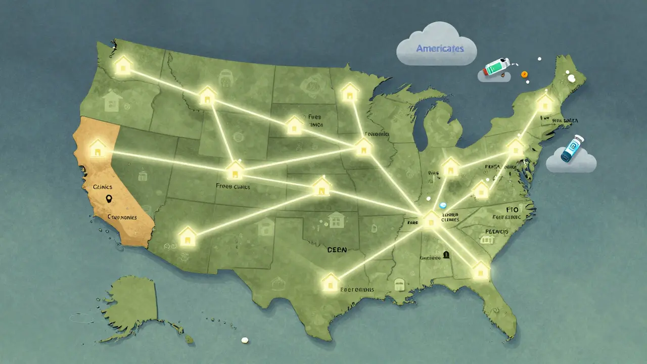 Map of the U.S. with glowing clinic connections and medication icons showing donation routes from pharmaceutical donors.