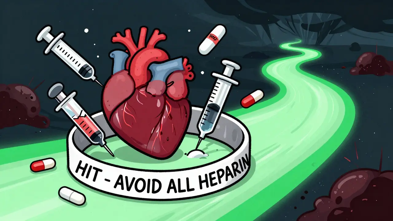 Medical alert bracelet warning against heparin, surrounded by safe alternative medications.
