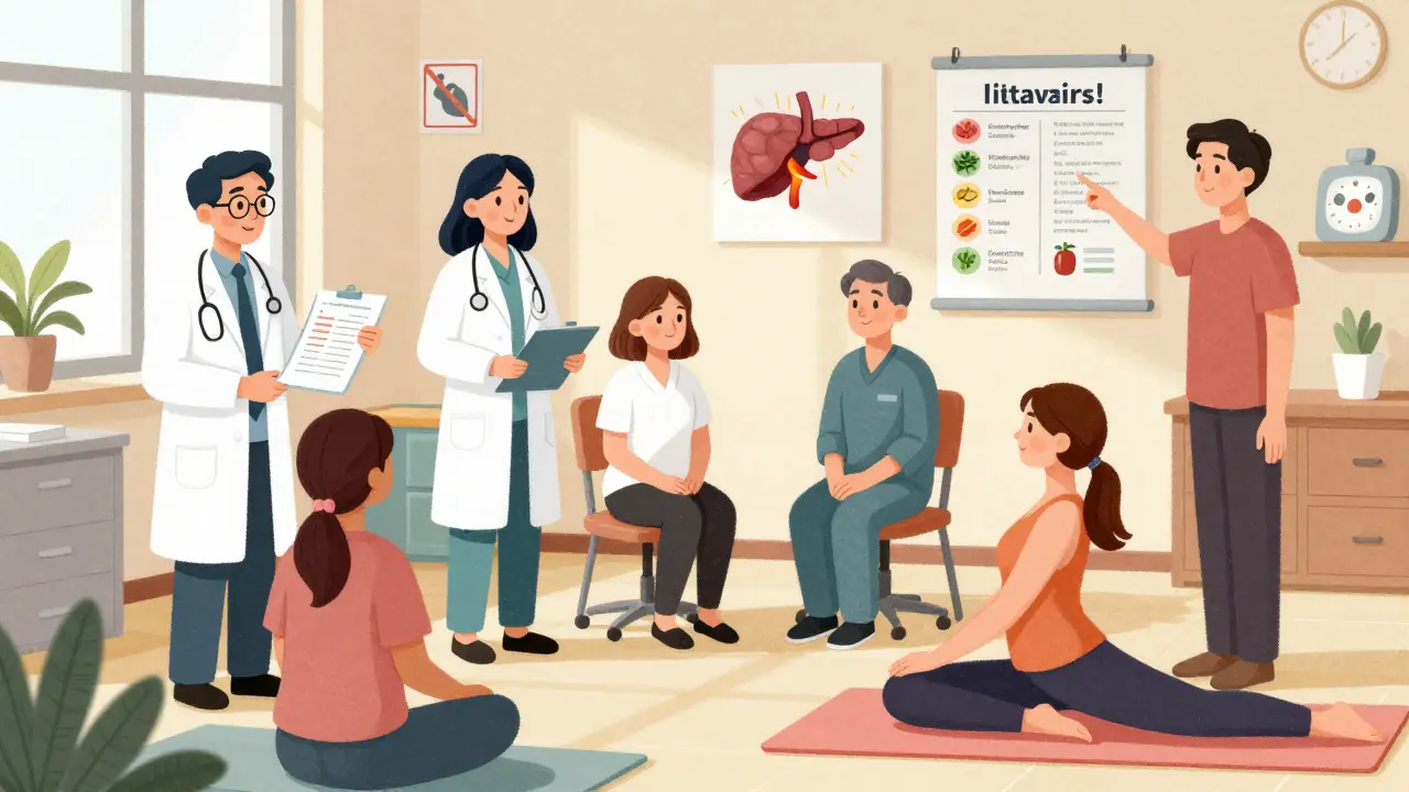 Multidisciplinary care team supporting patient with diet, vitamins, and yoga in bright clinic.