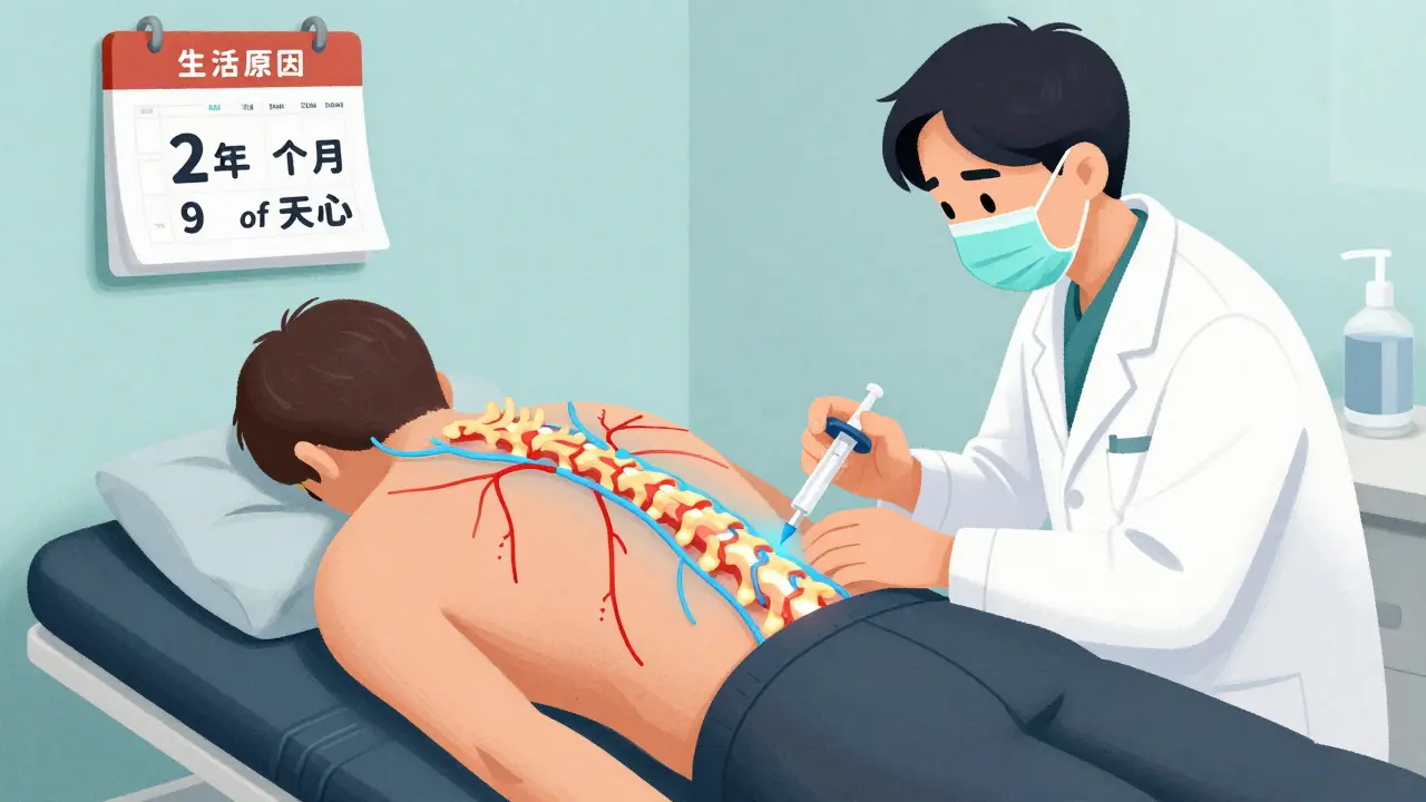 Patient receiving celiac plexus block, nerve pathways glowing from red to blue in medical setting.