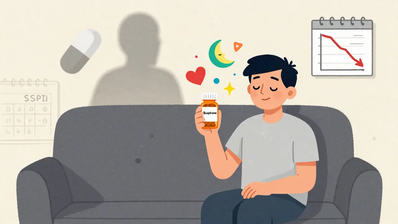 Patient smiling as mood, sleep, and intimacy symbols float around them after starting buspirone.