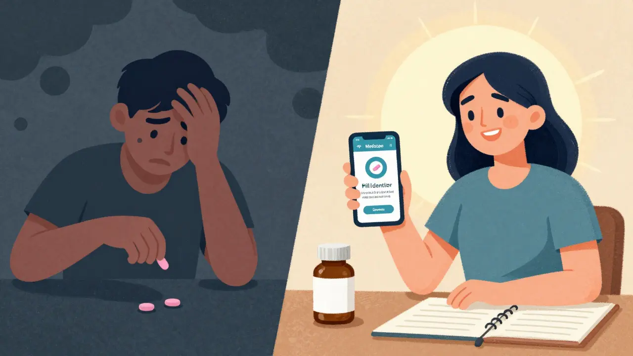 Patient transitioning from throwing away medication to confidently identifying it with a phone app.