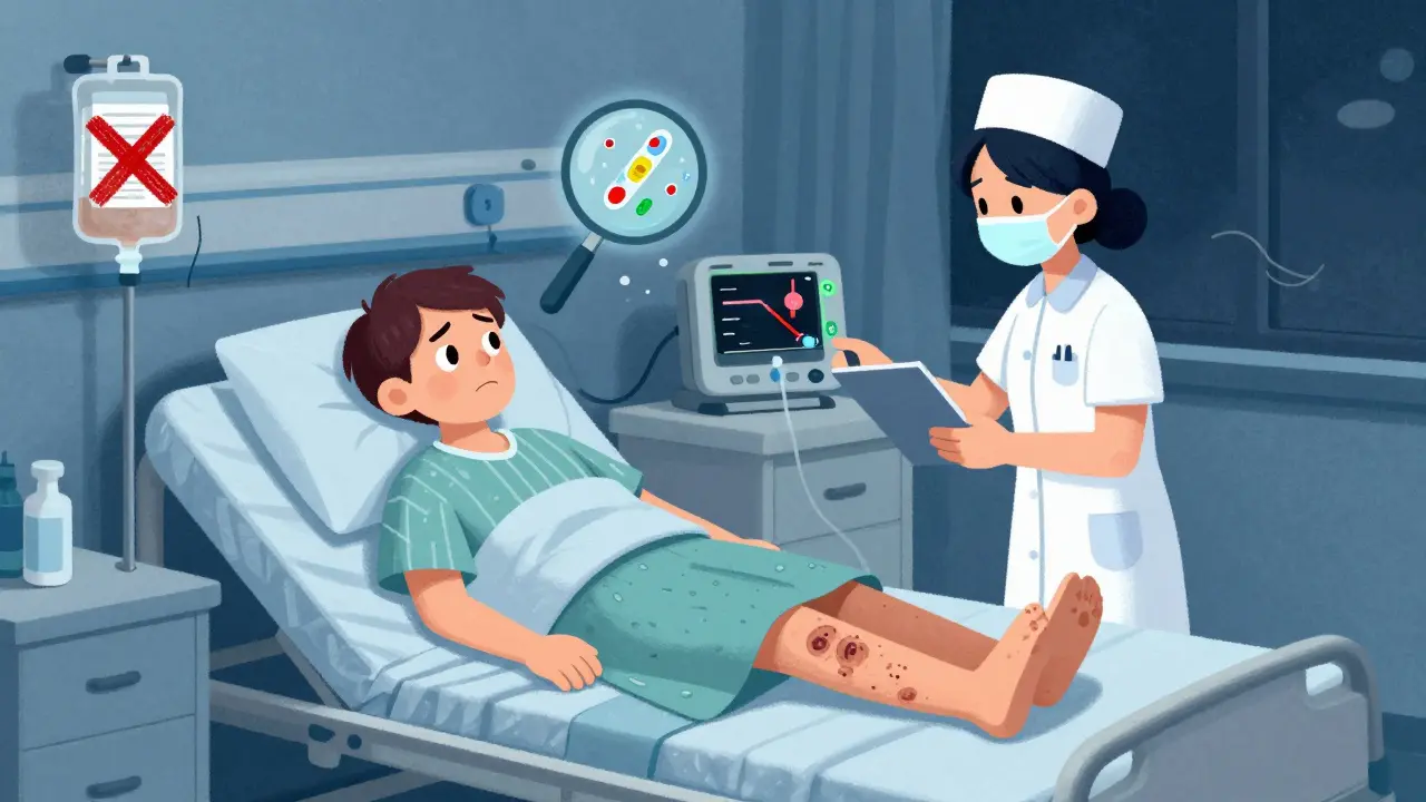 Patient with swollen leg and dropping platelet count in hospital, heparin IV marked with danger X.