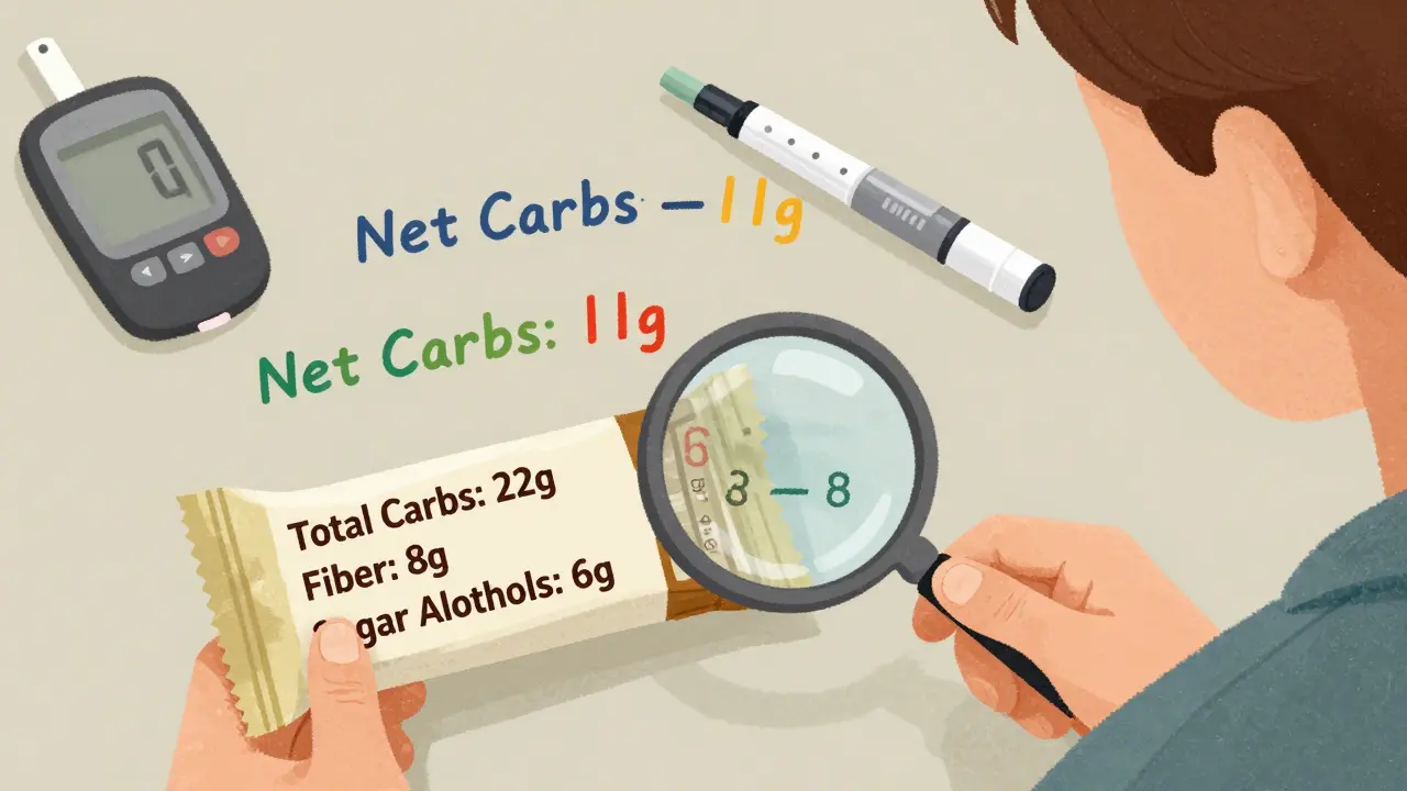 Person reading a nutrition label with math equations showing net carb calculation for a protein bar.