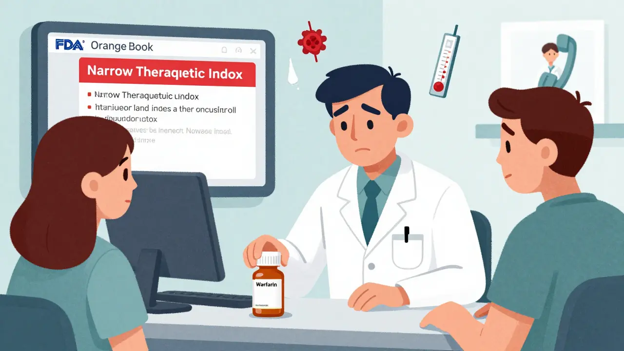 Pharmacist hesitating to dispense a generic blood thinner as a patient with a medical alert bracelet looks on, with FDA warning icons floating nearby.