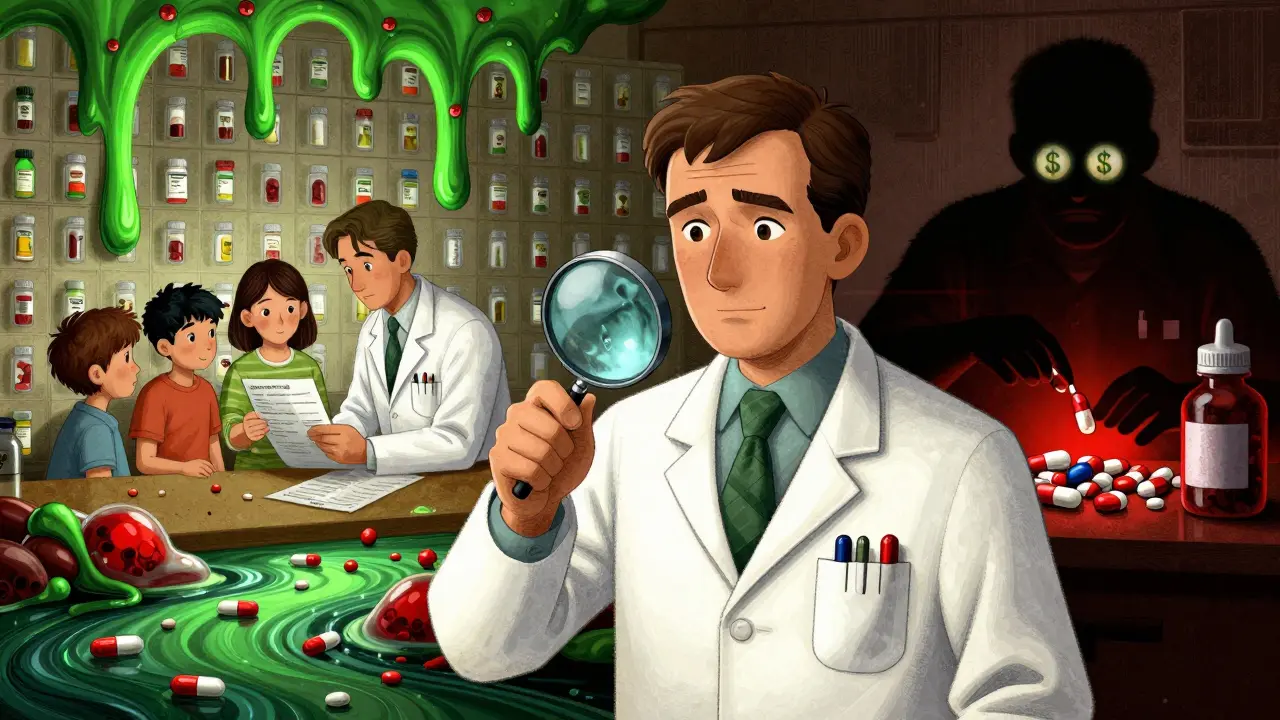 Pharmacist inspecting a verified supplement bottle while unregulated pills melt into toxic rivers.