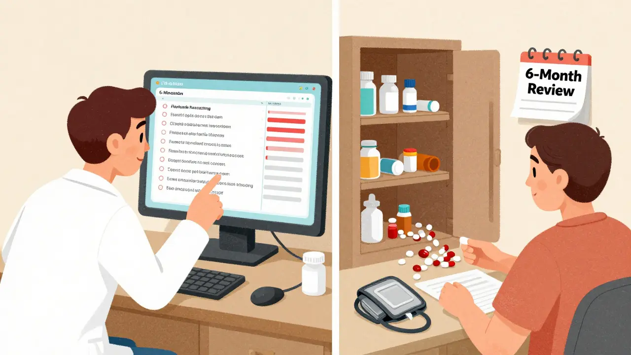 Pharmacist reviewing digital medication list while patient’s medicine cabinet is open, showing potential drug interactions.