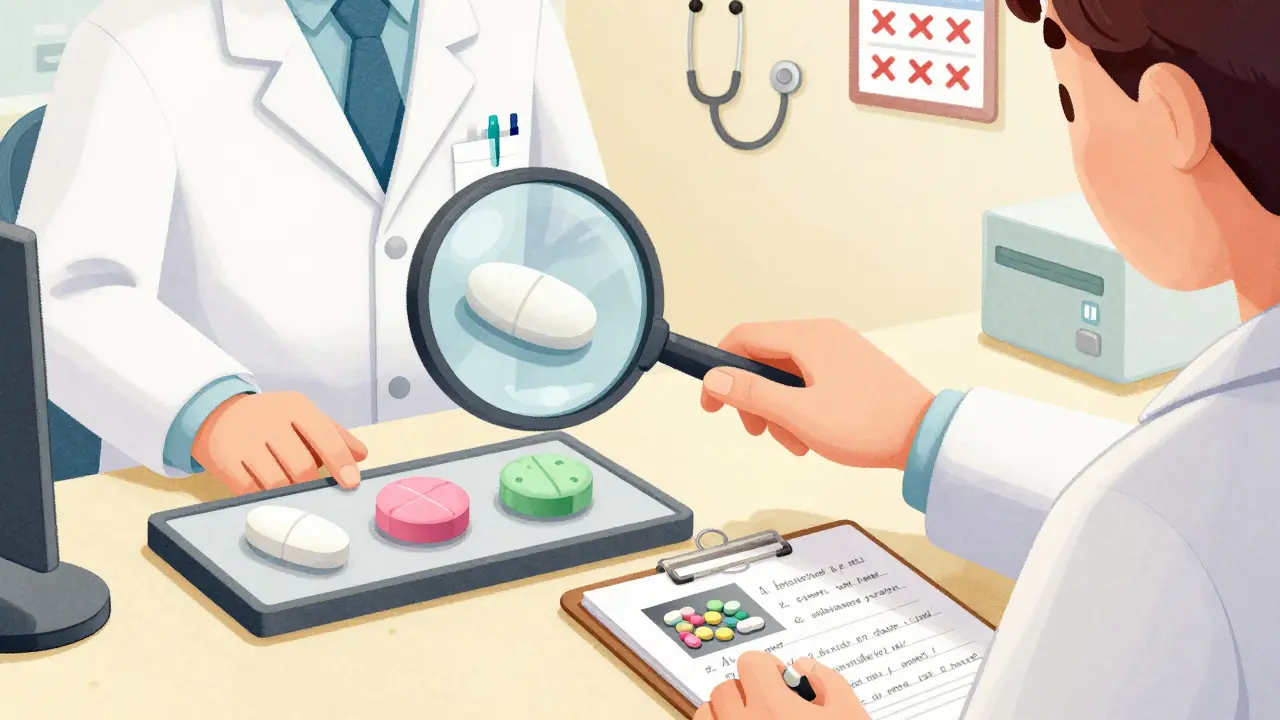 Pharmacist showing three versions of the same generic pill using a magnifying glass.