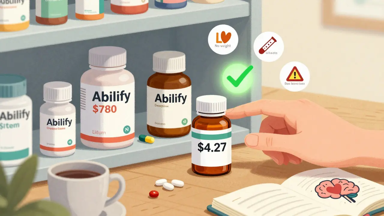 Pharmacy shelf showing affordable buspirone bottle beside expensive alternatives, with green checkmark above.