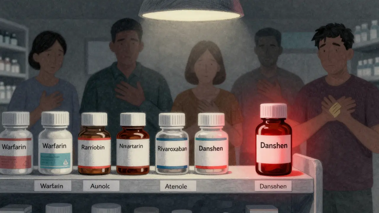 Pharmacy shelf with heart meds and one glowing Danshen bottle, patients in silhouette showing warning signs.