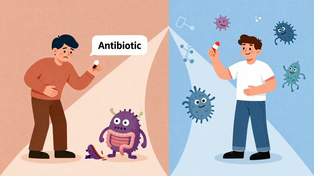 Side-by-side cartoon showing gut bacteria dying vs thriving after taking an antibiotic.