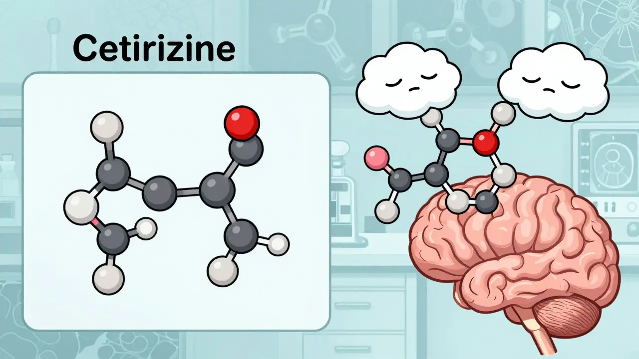 Side-by-side molecular comparison: second-gen antihistamine blocked from the brain, first-gen causing drowsiness clouds.