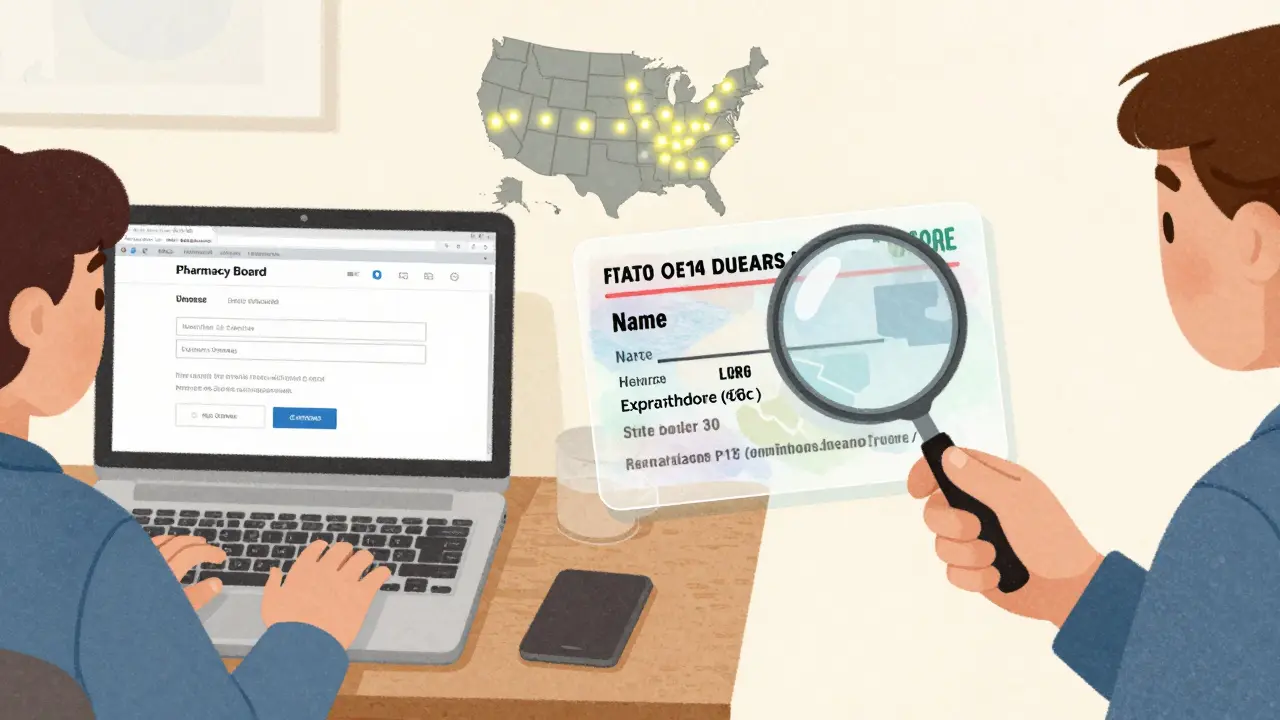 Someone verifies a pharmacist's license online at home with a detailed digital license floating nearby.