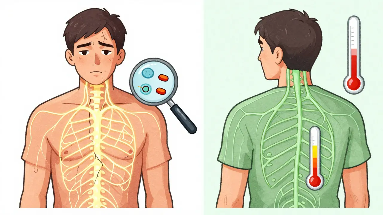 Split illustration showing overactive nerves calming into balanced pathways after opioid taper.