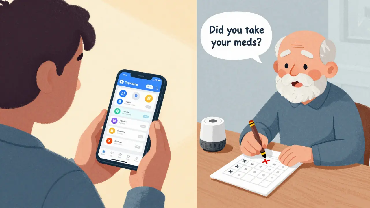 Split scene: frustrated person with complex app vs. happy older adult using simple paper calendar.