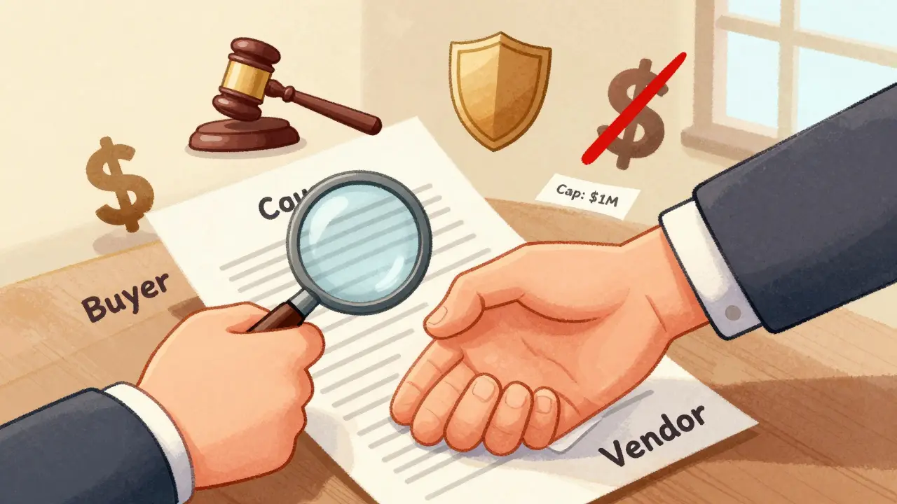 Two hands shake over a contract with hidden liability caps and legal symbols floating in the background.