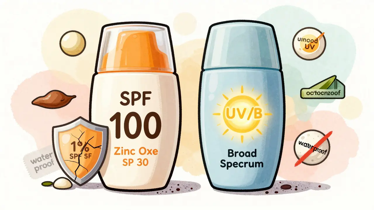 Two sunscreen bottles side by side showing SPF 100 vs SPF 30 and broad spectrum protection with key ingredients.