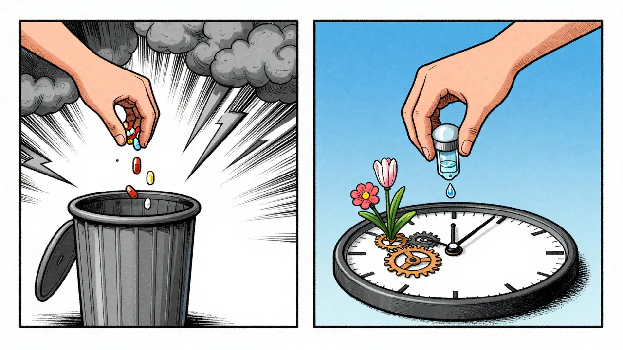 Two timelines: one showing rapid pill disposal with storms, the other slow liquid tapering with flowers growing from a clock.