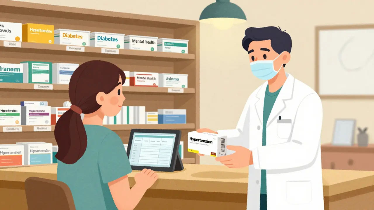 Volunteer pharmacist giving insulin to a mother in a small clinic pharmacy with labeled medication shelves.