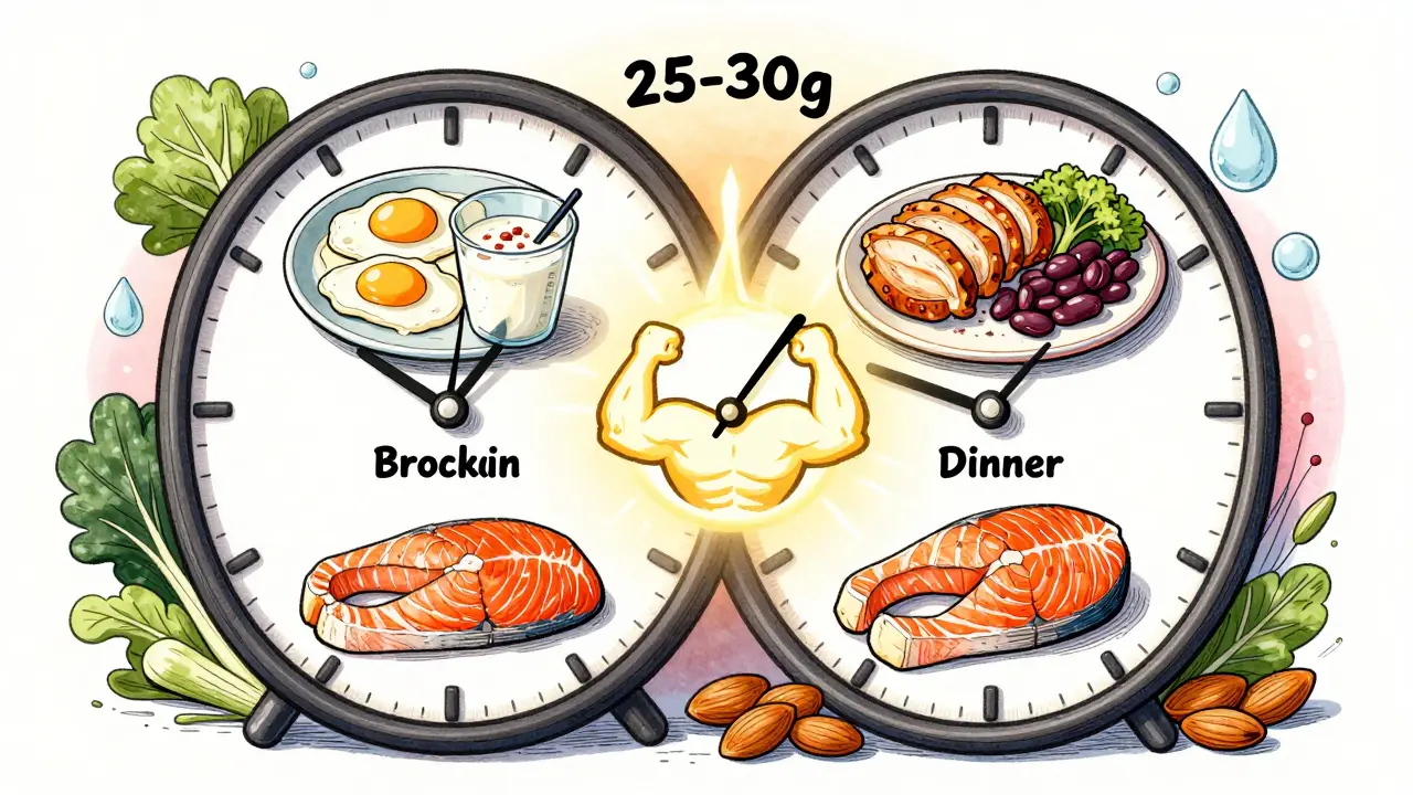 A clock showing four protein-rich meals with glowing muscle icon pulsing in sync, alongside fiber and water elements.