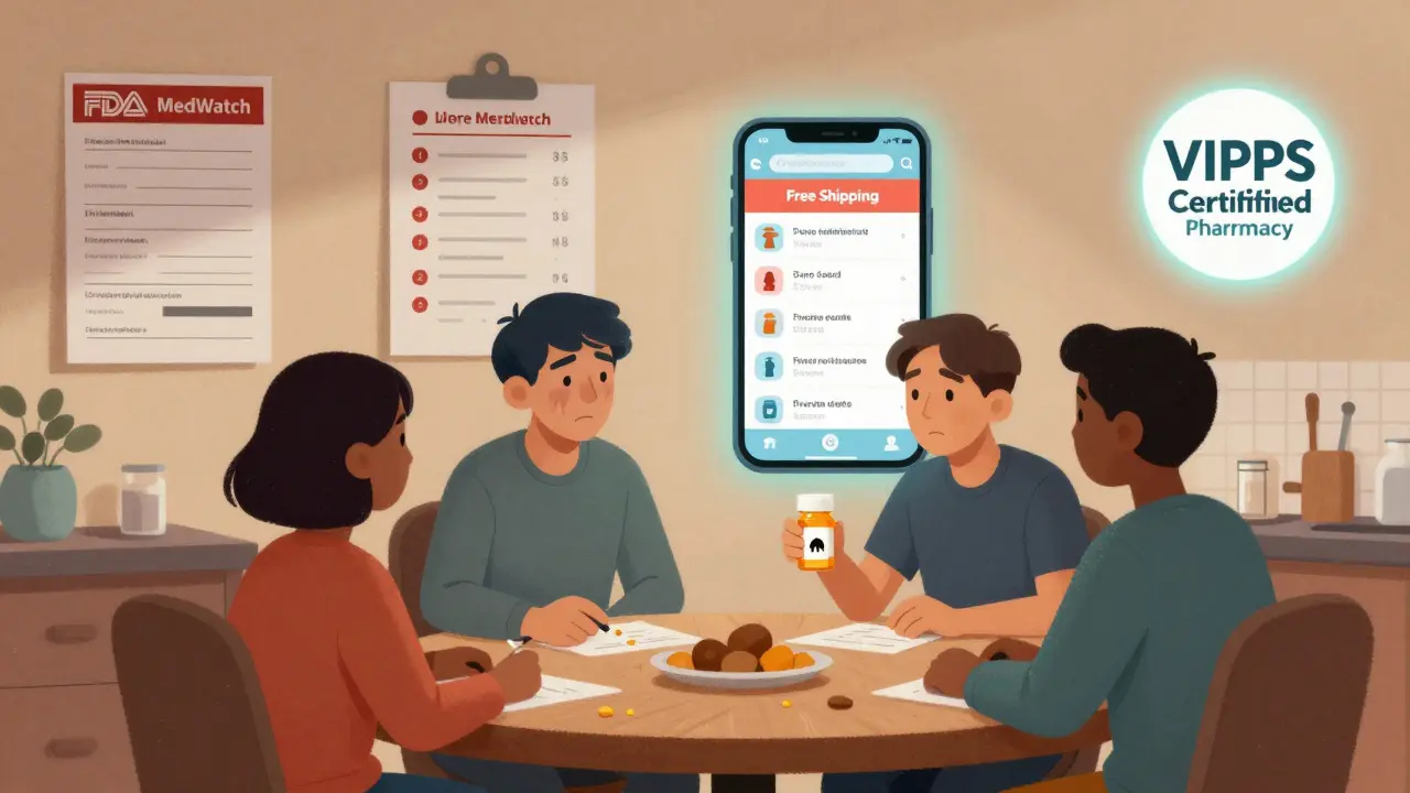 A family at a kitchen table, one unwell from a fake pill, while a fake pharmacy website glows on a phone and a real VIPPS logo shines nearby.